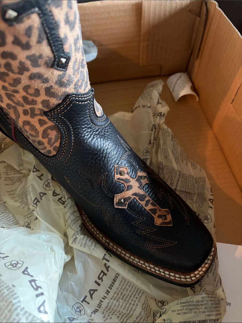 Ariat Leopard Print Western Cowgirl Boots - Black & Brown and red. New in box - Picture 5 of 11